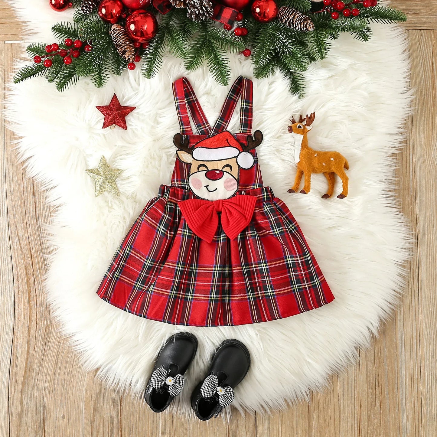 Prowow Baby Girls Christmas Outfits Set Red Bodysuit+Plaid Deer Suspender Dress Set 3pcs My First New Year Costume For Baby 2026