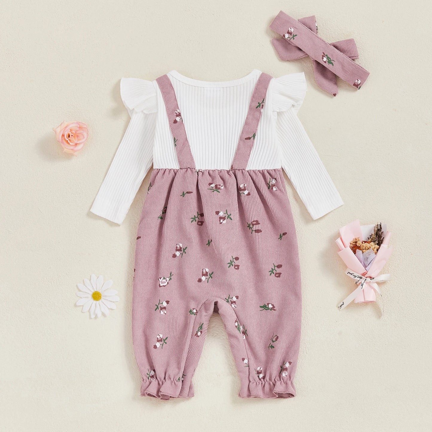 Sweety Baby Girls Long Sleeve Romper Floral Print Fake Two Pieces Patchwork Bow Jumpsuits Headband Set