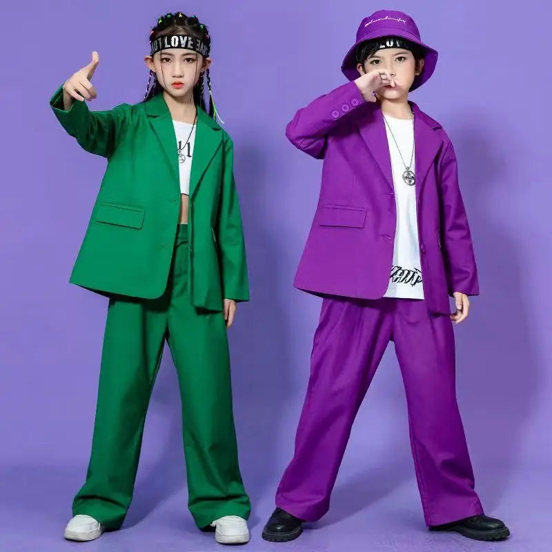 Kids Hip Hop Dance Costume Boys Girls Blazer Pants Set Streetwear Outfit for Stage Performance Competition Jazz Dance Photoshoot