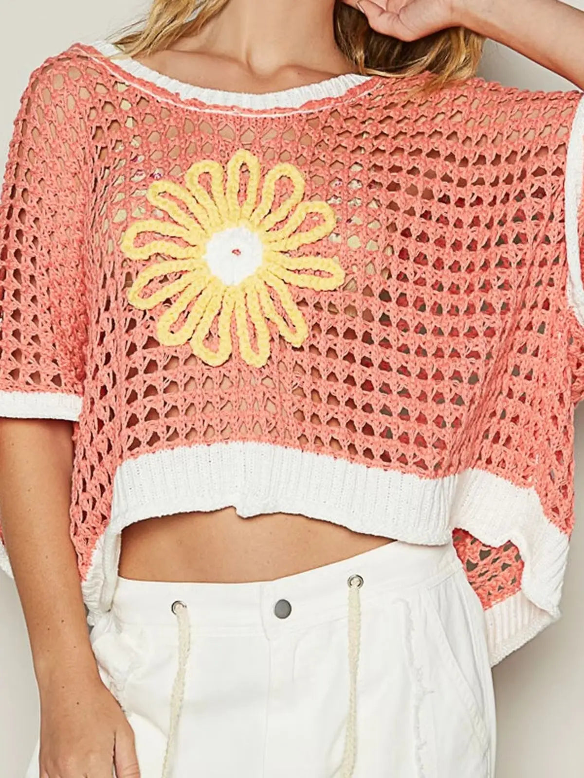 Women's Crochet Hollow Out Tops Half Sleeve O Neck Daisy Embroidery Loose Shirts Cover-ups Summer Knitwear