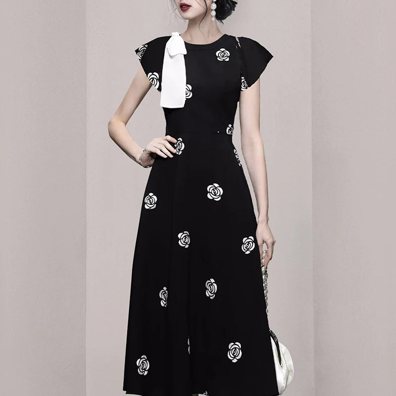 Designer Fashion New Summer Rose Flower Embroidery Office Dress Elegant Women O Neck Hit Color Bowknot Black Floral Midi Dresses