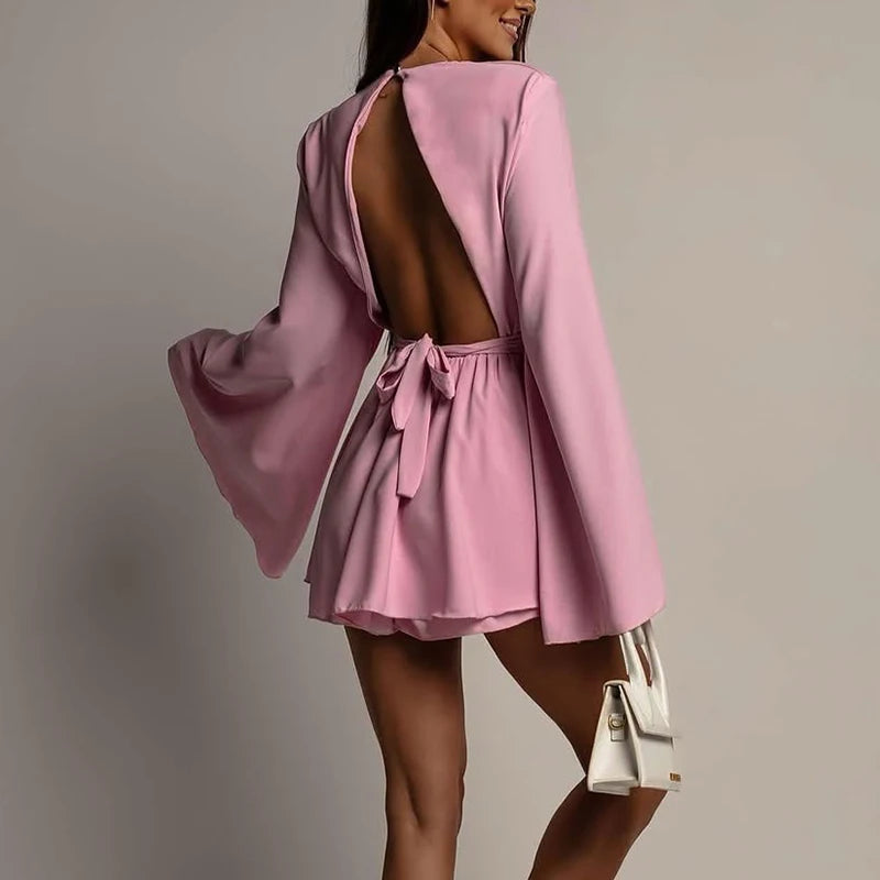 Women Elegant Crew Neck High Waist A-Line Party Dress Spring Flare Long Sleeve Office Dress Summer Backless Lace-up Mini Dresses
