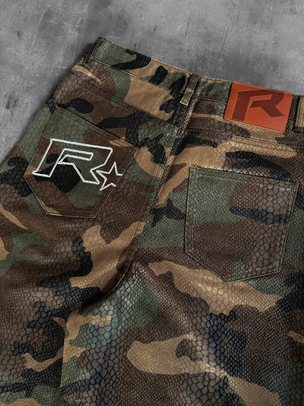 Python Camo Print Retro Cowboy Denim Shorts High Street Hip Hop Middle Pants High Waist Straight Tube Loose Five Point Shorts