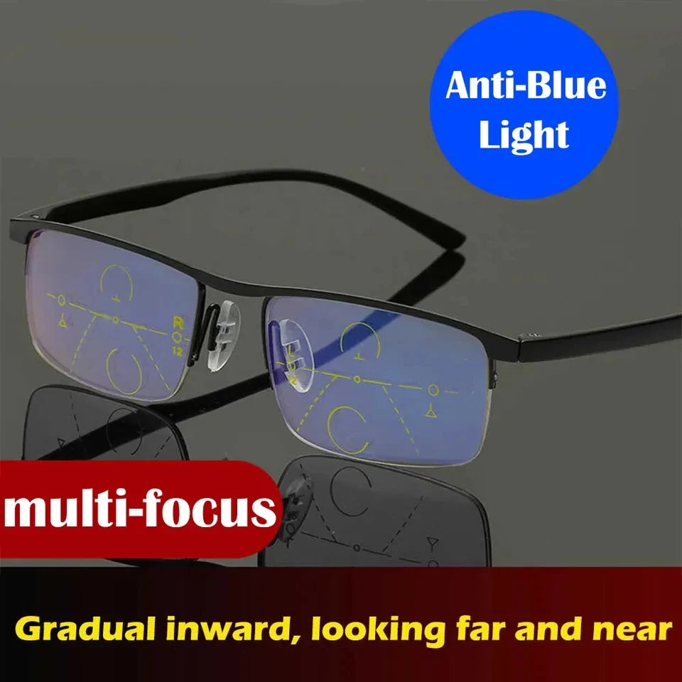 Progressive Reading Glasses Multifocal Anti-blue Light Smart Zoom Glasses Half Frame Metal Men Women +1.5 To +4.0