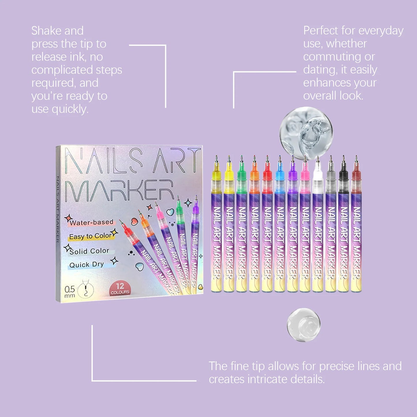 12 color nail pen for gel nail christmas gift set, 3D nail polish pen, quick dry stipple DIY nail art tools