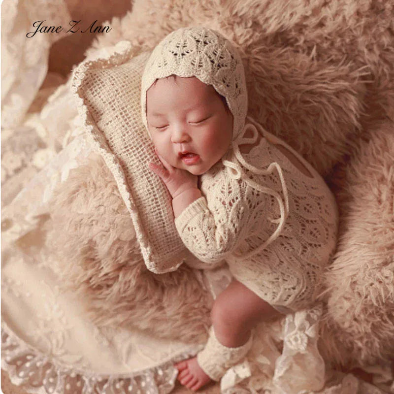 Newborn French lace photography outfit set baby girl Christening style ruffle bonnet hollow romper+socks infant photo props