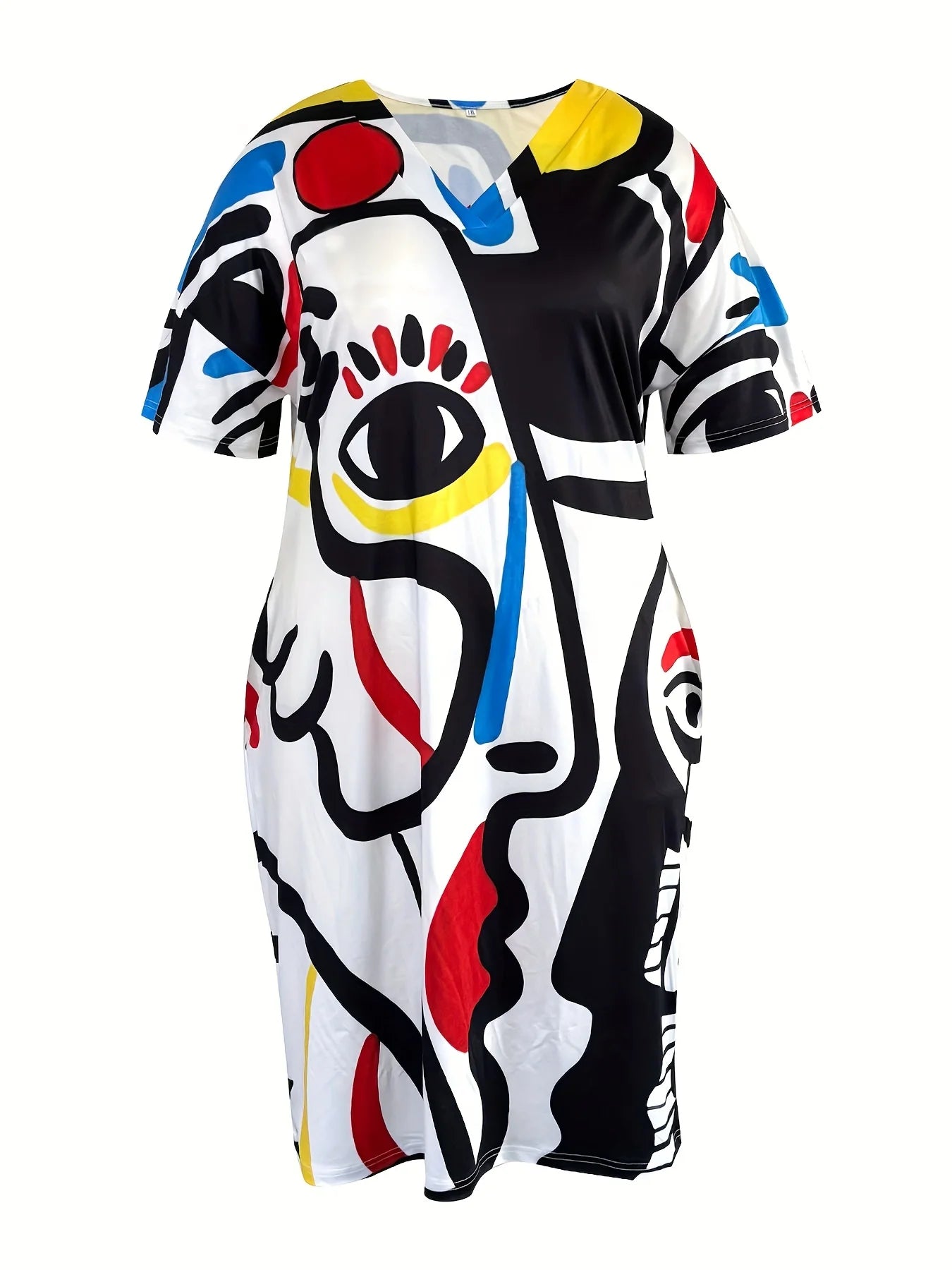 Plus Size Casual Dress in Black Style Featuring an Abstract Oil Painting Digital Print V-Neck Design And Two Pockets