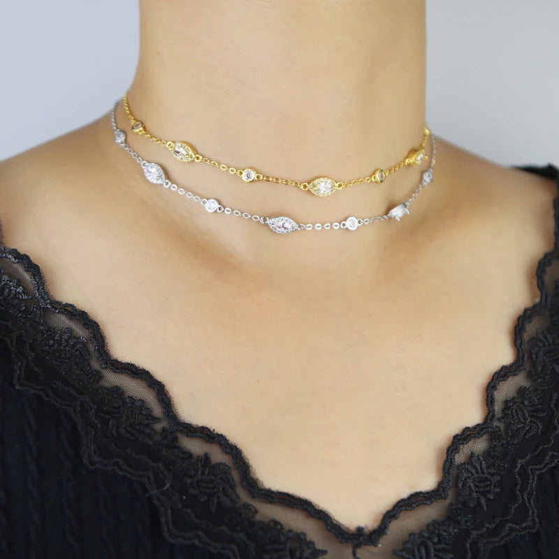 New Fashion Trendy Women Jewelry Micro Paved Geometric Round Marquise CZ Charm Link Station Chain Choker Y Lariat Necklace