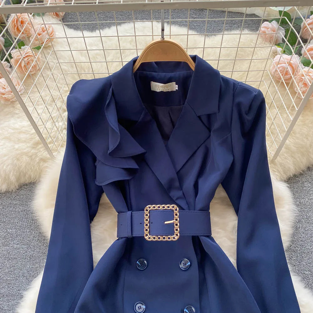 Women Elegant Office Dress Spring Autumn Long Sleeve Fashion Slim with Belt Midi Dresses Vintage Ladies Blazer Dress Vestidos