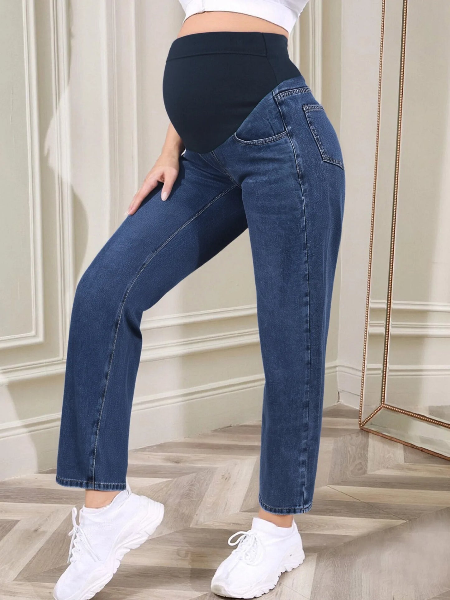 Pregnant Women Fashion Casual Wide-Leg Jeans Adjustable High Waist Belly Support Denim Pants Maternity Clothing for Daily Party