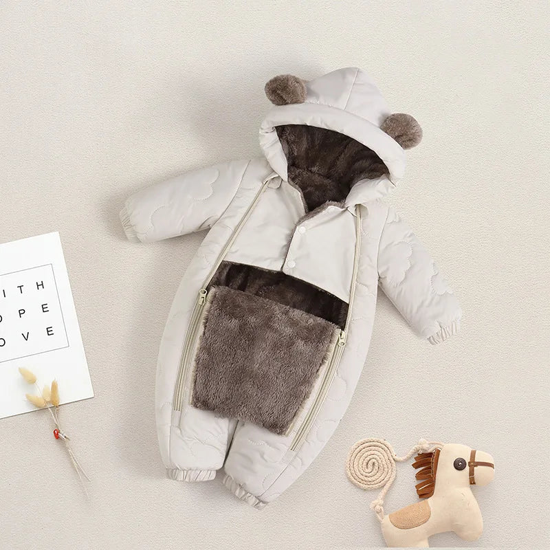 Toddler Baby Girl Boy Jumpsuit Thickened Fleece Lined Double-Layer Hooded Romper 0-2Y Cute Bear Ears Winter Warm Kids Snowsuit