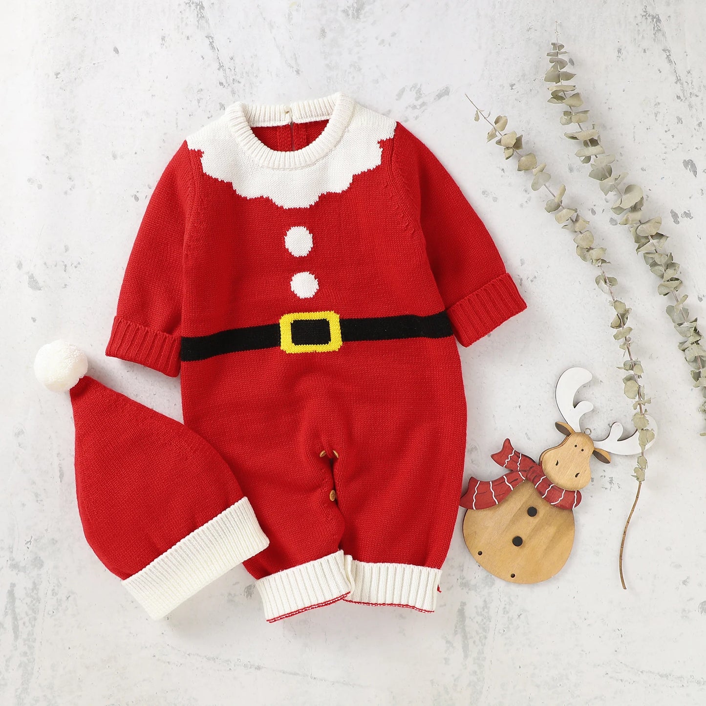 Infant Christmas Outfits Baby Romper Clothes Winter Red Santa Claus Knitted Newborn Infant Boy Girl Christmas Gift Jumpsuits+Hat