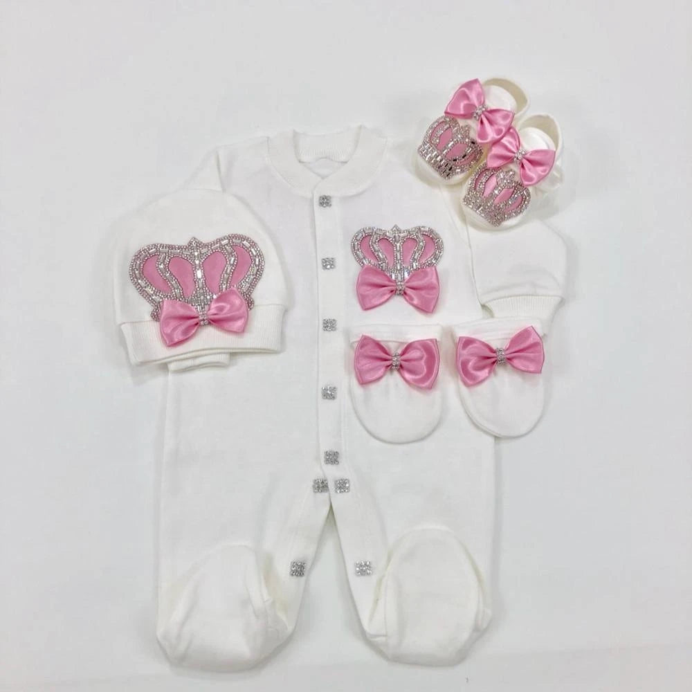 Dollbling Butterfly Jewelry Crown Gift Clothing Sets Welcome Home Lace Baby Rompers Mittens Bonnet Pajamas Outfit 4pcs Layette