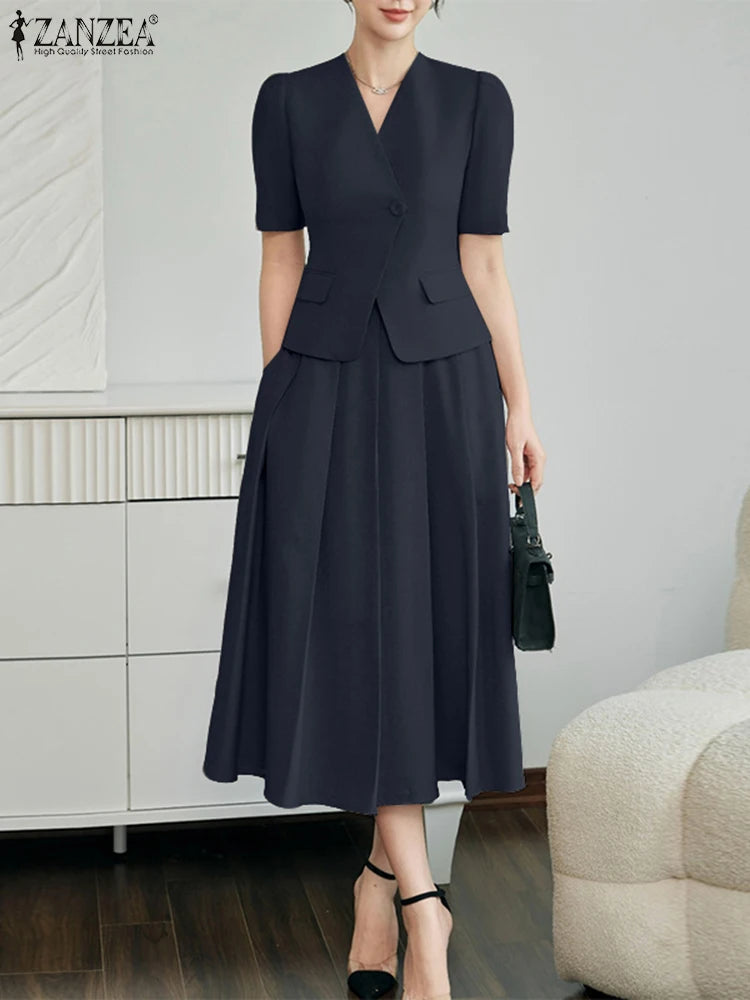 ZANZEA Vintage Outfits Women Fashion Office Dress Sets Solid Shirts A-Line Pleated Maxi Skirts Casual Suits 2025 Matching Sets