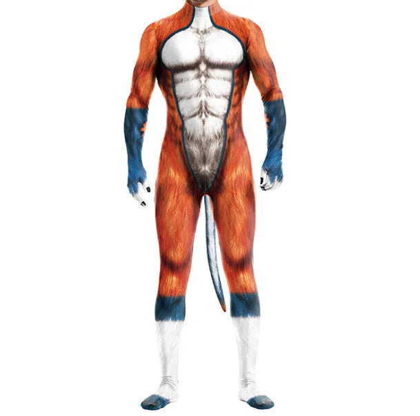 Halloween Costume  Adult Mens Wild Animal Cosplay Costume Full Cover 3D Print Beast Petsuit Jumpsuit Bodysuit Tail