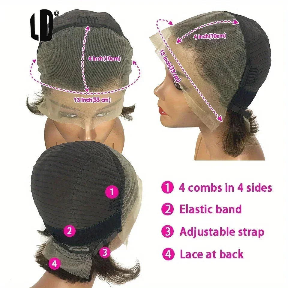13x4 Lace Front Pixie Cut Bob Wig Highlight Honey Blonde Ombre Brazilian Remy Human Hair Pre‑Plucked Natural Hairline Soft