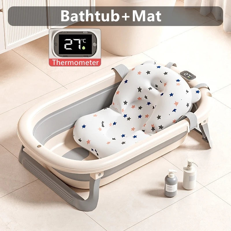 Baby Bathtub WIth Nonslip Lines Collapsible Space Saving Baby Lying Sitting with Seat Support Cushion Stand Folding Baths