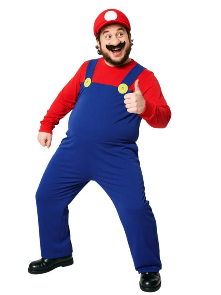 Halloween Men's Plumber Jumpsuit Roleplay Costume (Includes Hat, Gloves, Mustache Accessories) Available in Red, Yellow, Purple