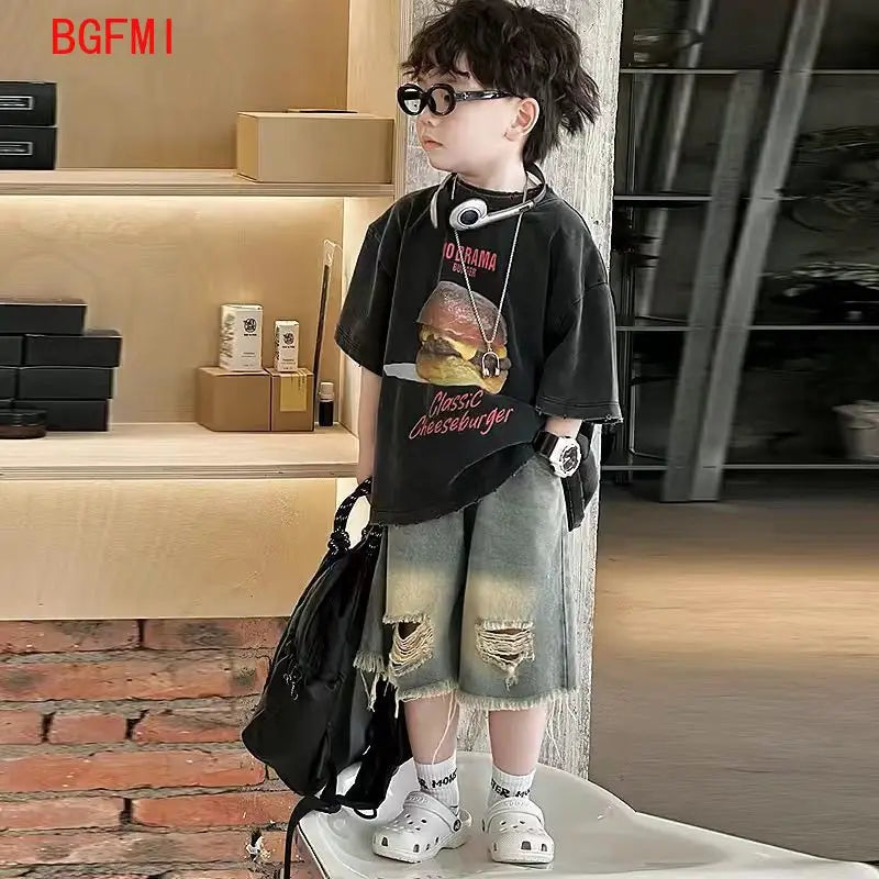 Baby Summer Clothes Boys Teen Suits 2025 New Kids Outdoor Clothes Letter Short Sleeve T-shirts + Denim Shorts 2 Piece Set 2-10Y