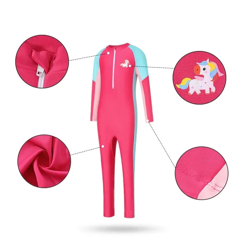 Girls Swimsuits Children Fashion Long-sleeved One-piece Costume 6-12Y Kids Summer Pool Swimming Clothing Teenager Swimwear