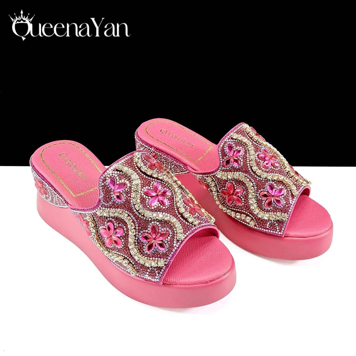 Queena Yan Popularity Open Toe Luxury Fashion Women High Heels Shoes and Bags Set With Rhinestone for  Wedding Party Elegant