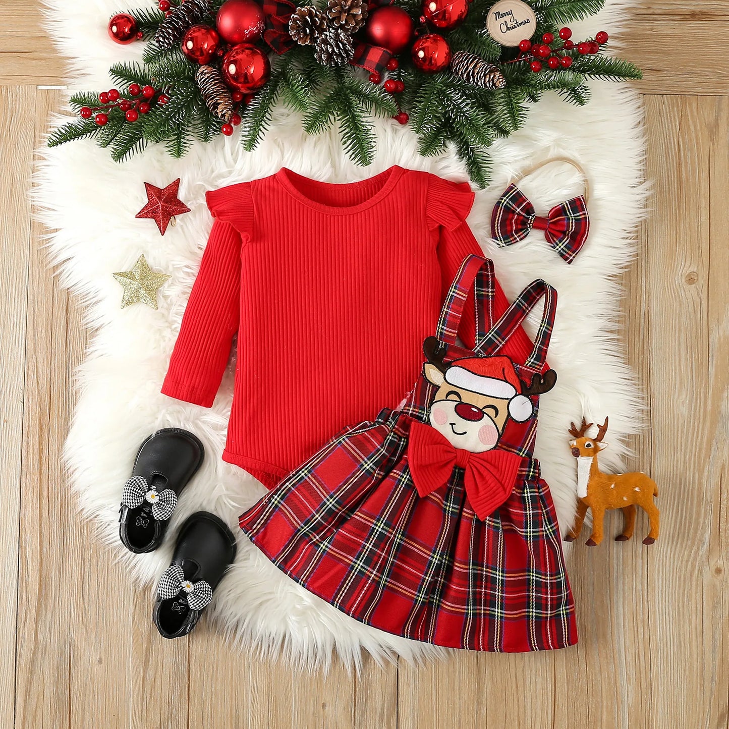 Prowow Baby Girls Christmas Outfits Set Red Bodysuit+Plaid Deer Suspender Dress Set 3pcs My First New Year Costume For Baby 2026