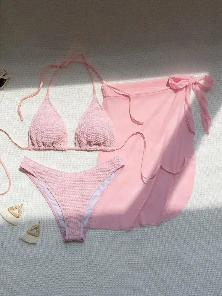Pink Solid Color 3-piece Swimsuit Women 2026 Summer Beach Skirt Bikini V-neck Halter Backless Bathing Suit Summer Beach Swimwear