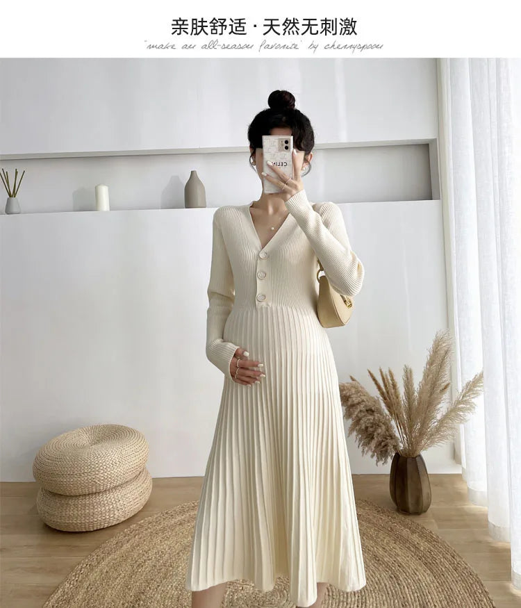 Autumn and Winter Maternity Clothing Long Sleeve V-Neck High Waist Button Fly Pregnancy Knitting Dresses Women Sweaters Knitwear