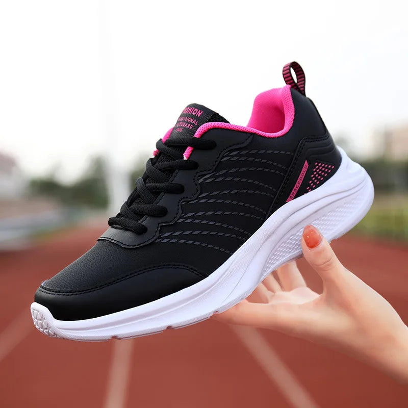 Waterproof Leather Chunky Sneakers for Women, Running Shoes, Casual Sports Shoes, Black Trainers, Autumn, Spring