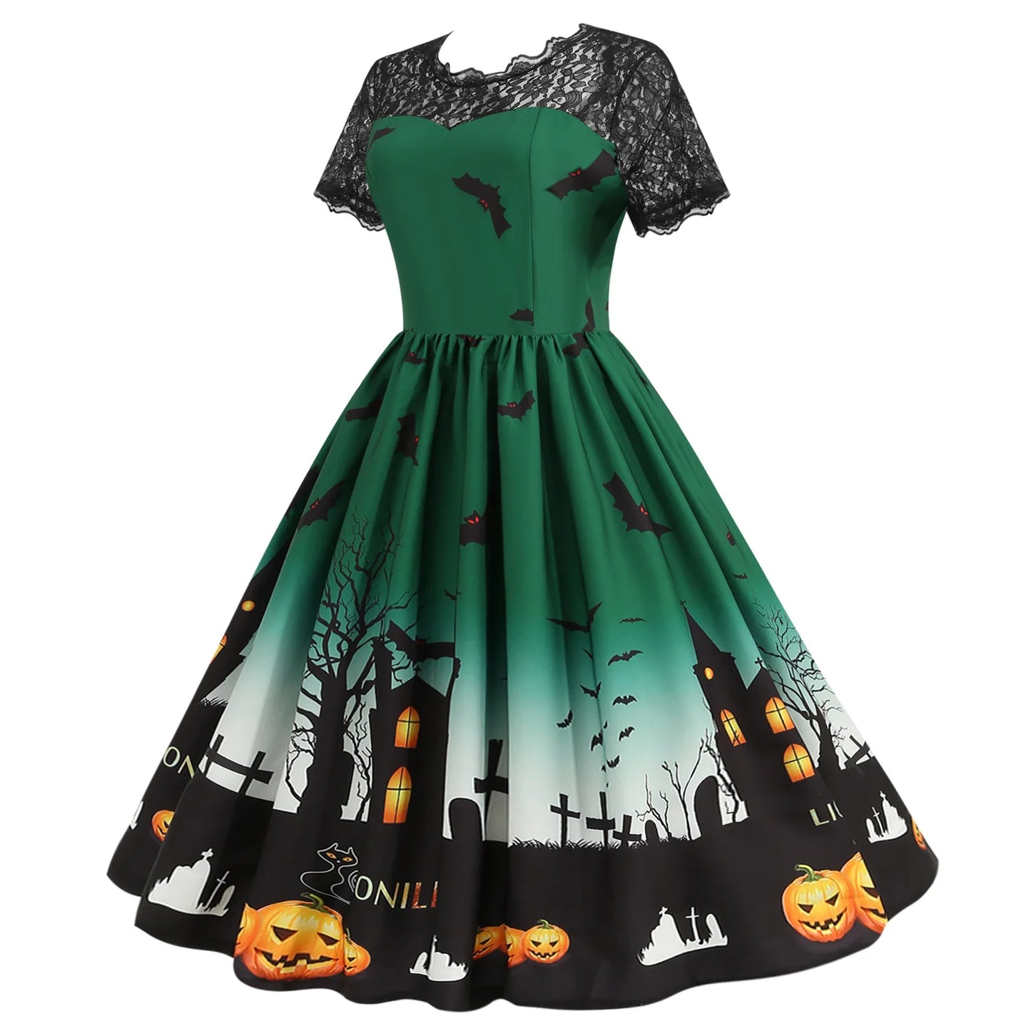 Halloween Gothic Dress Costume - Women's Retro Lace round Neck Short-Sleeved Printed Maxi Dress for Cosplay Party