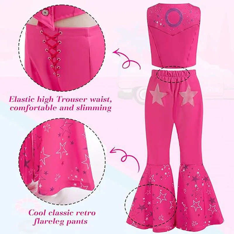 Girls Margot Movie Cospaly Costume Pink Vest Top And Flared Trousers For Kids Barbe Halloween Birthday Party Carnival Outfits
