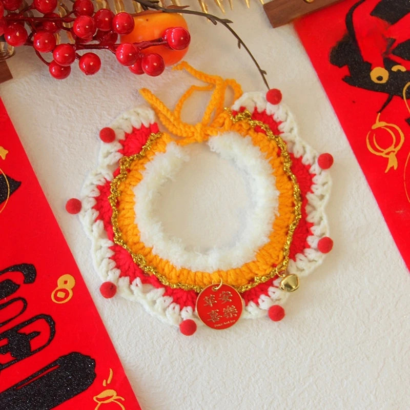 New Year Cat Collar Pet Cat Dog Scarfs Crocheted Kitten Puppy Collar Spring Festival Cat Cosplay Costume Pet Accessiories