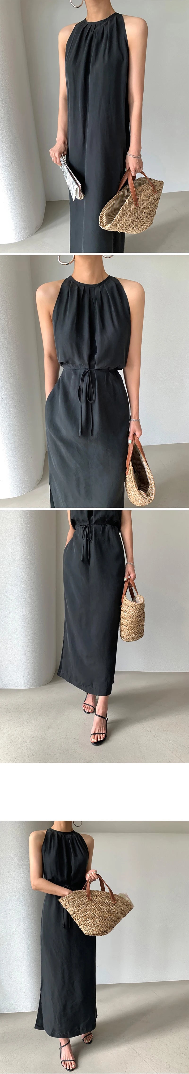 HELIAR Women Halter Strapless Sexy Dress Lace Up Waist Elegant Office Dress Holiday Beach A-line Long Dress Casual Vestidos