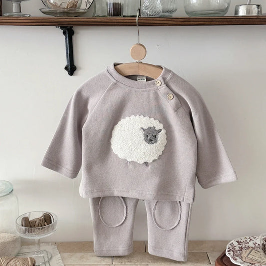 Autumn Toddler Baby Girls Outfit Lamb Embroidery Long Sleeve Sweatshirt Elastic Waist Pants Spring Sets Baby Boy Clothes