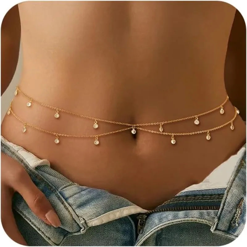 Gold Waist Chain, 14K Gold Plated Belly Chain Adjustable Body Chain Sexy Diamond Bikini Waist Beads for Women Body Chain Jewelry
