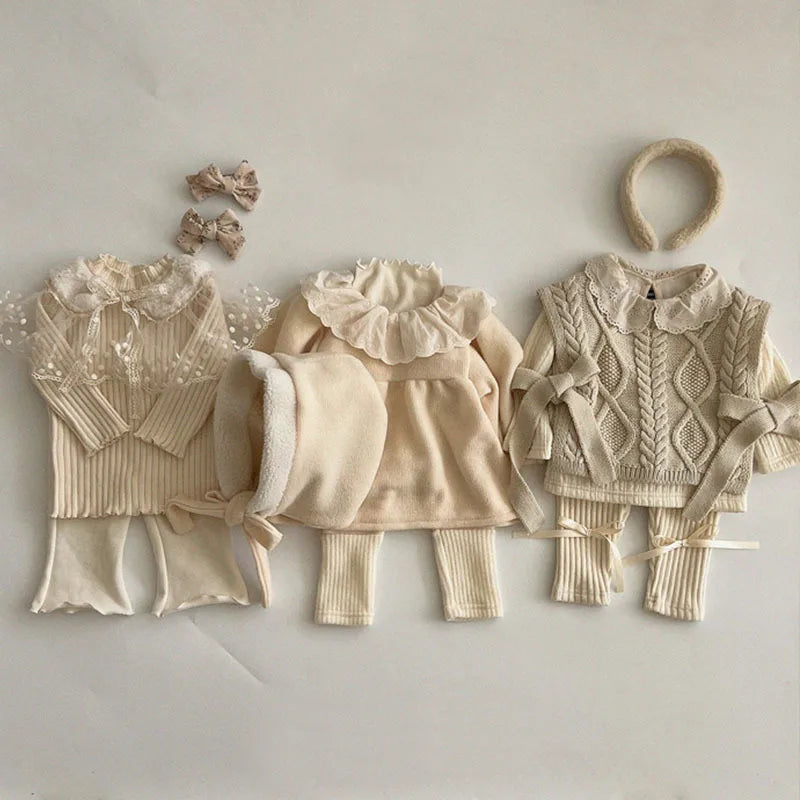 Baby Girl Sweet Lace Peter Pan Collar Tops Winter Fashion Ribbed Thickened Bottoming Tops Girls Simple Cotton Knitwear Tees