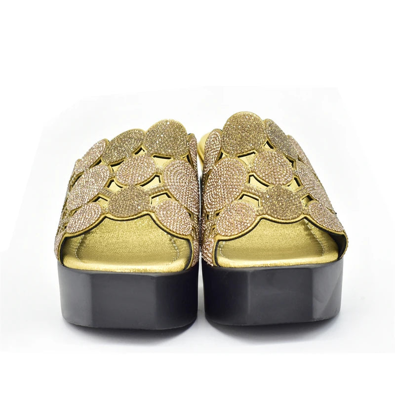 New Fashion Lady Shoes with Rhinestone Crystal Design Open Toe Sexy Nigerian Ladies Shoes Party Wedding Shoes Slippers Pumps