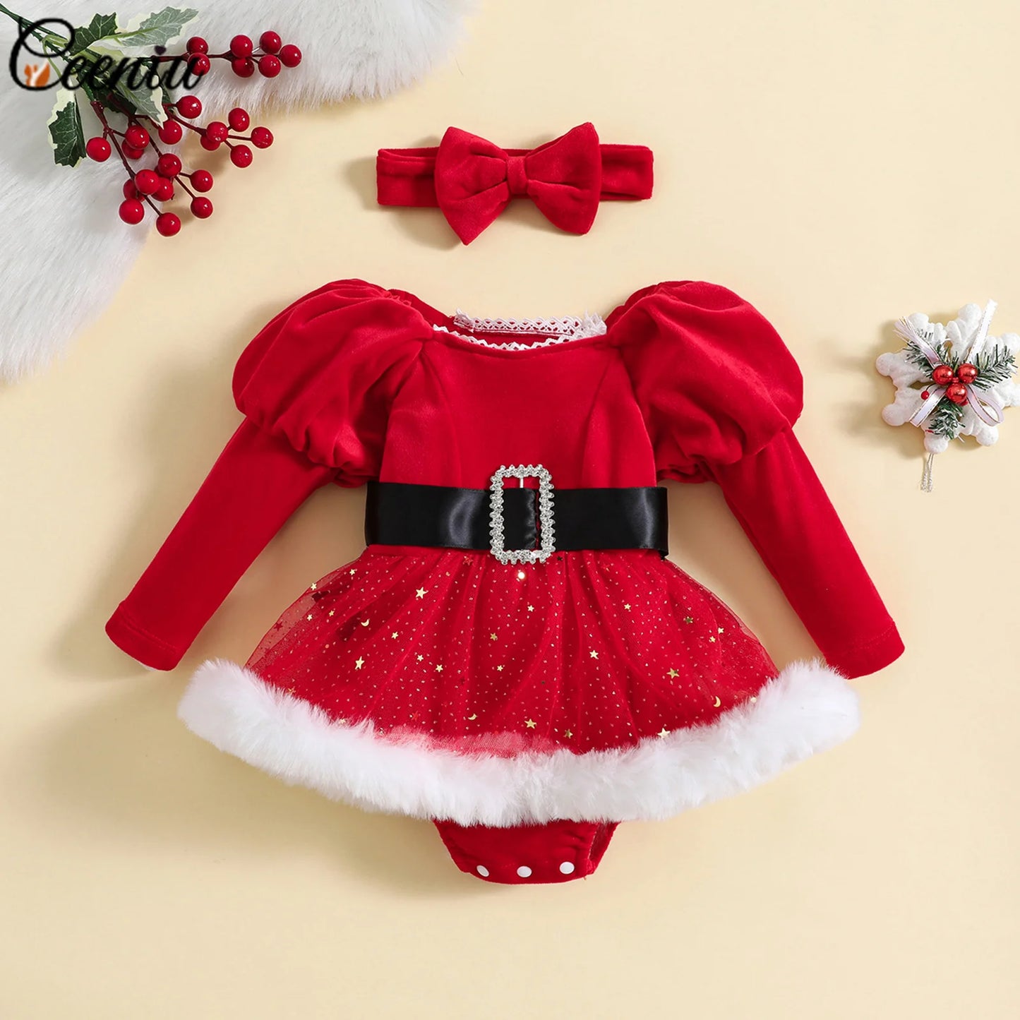 Ceeniu Baby Christmas Bodysuit Dress For Girls Green Santa Claus Letter Rompers Infants Onesies My First New Year Costume Baby