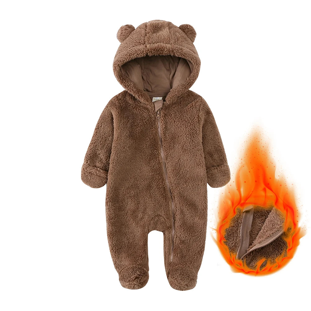 2026 Winter Baby Rompers Infant Fleece Bear Hooded Onesies Newborn Baby Boy Girl Zipper Jumpsuit Bodysuit Pyjamas