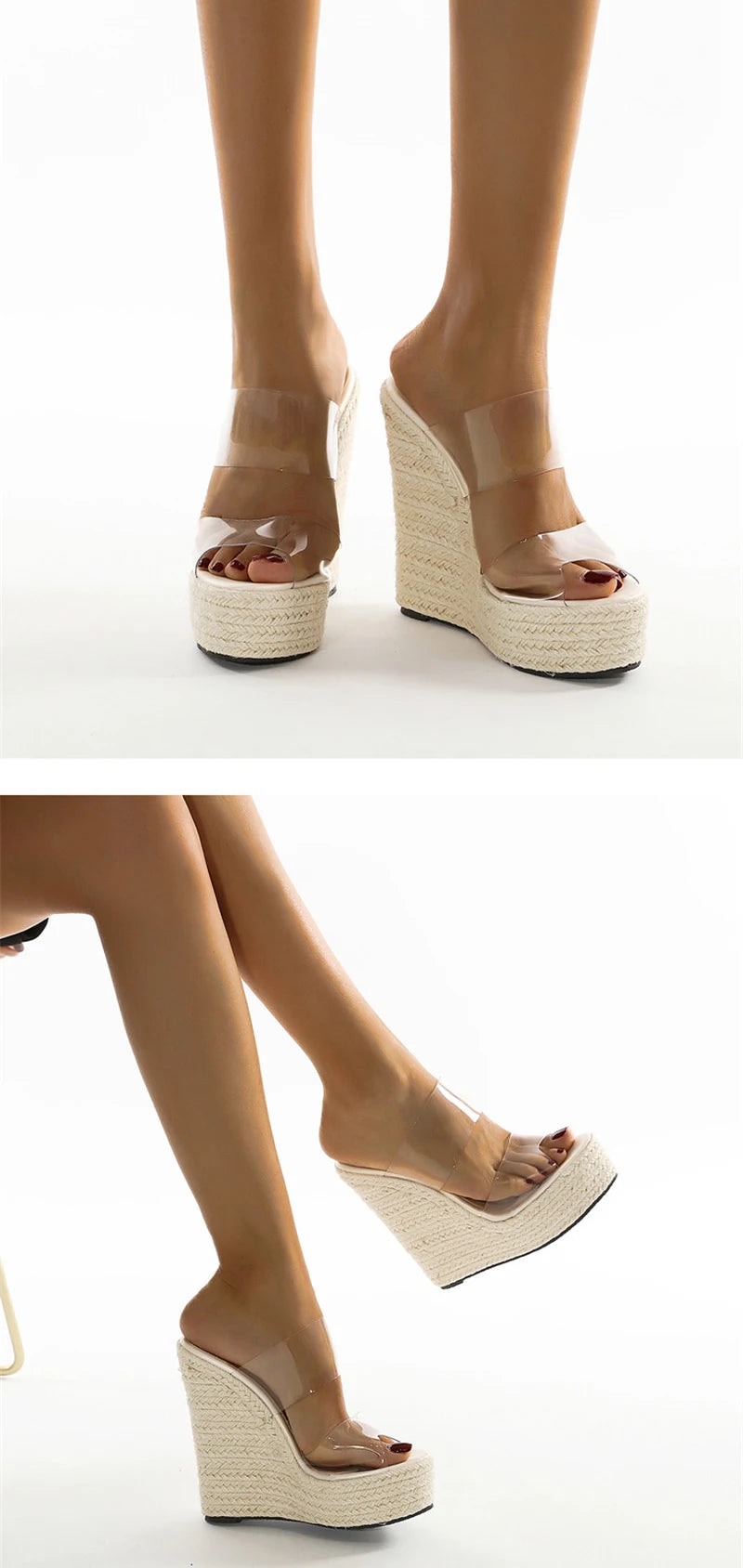 Summer PVC Transparent Peep Toe Cane Straw Weave Slippers Platform Wedges Sandals Women Fashion High Heels Female Shoes