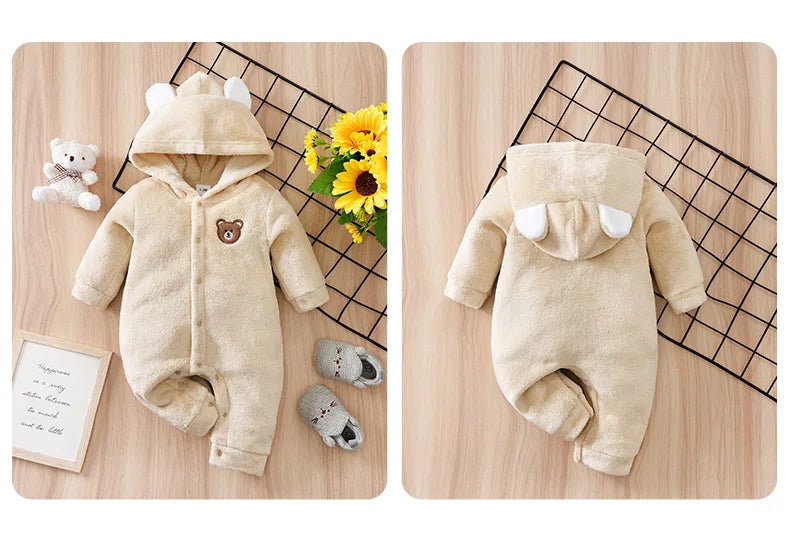 Newborn Baby Romper Winter Flannel Beige bear Hooded ears long sleeve Unisex Baby Pajamas 0-18 months Comfort Clothes
