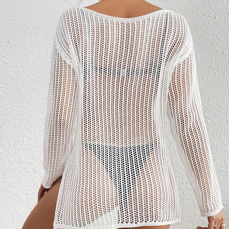 Sexy Style Knitted Loose Bikini Cover-Ups Women's Hollow-Out Long Top Summer Holiday See-Through Beachwear Sunscreen Smock