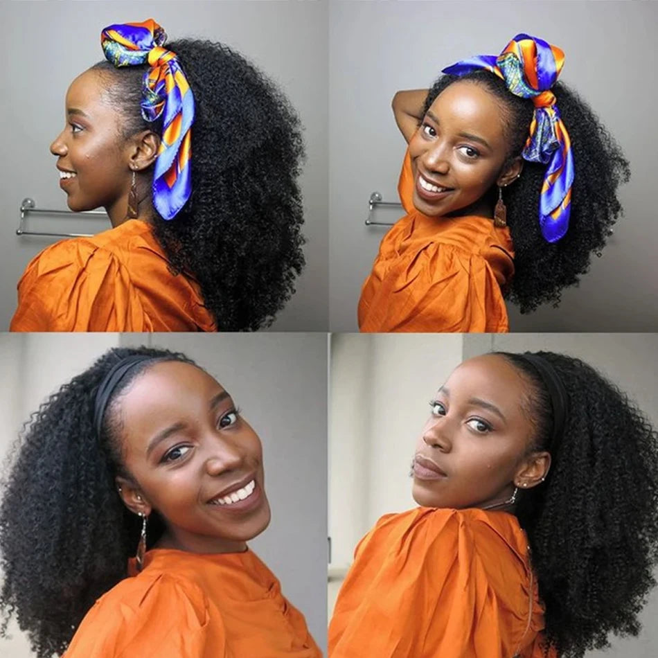 Afro Kinky Curly Headband Human Hair Wig For Women Water Curly Wigs With Black Headband Hair Easy to Style No Lace Front No Glue