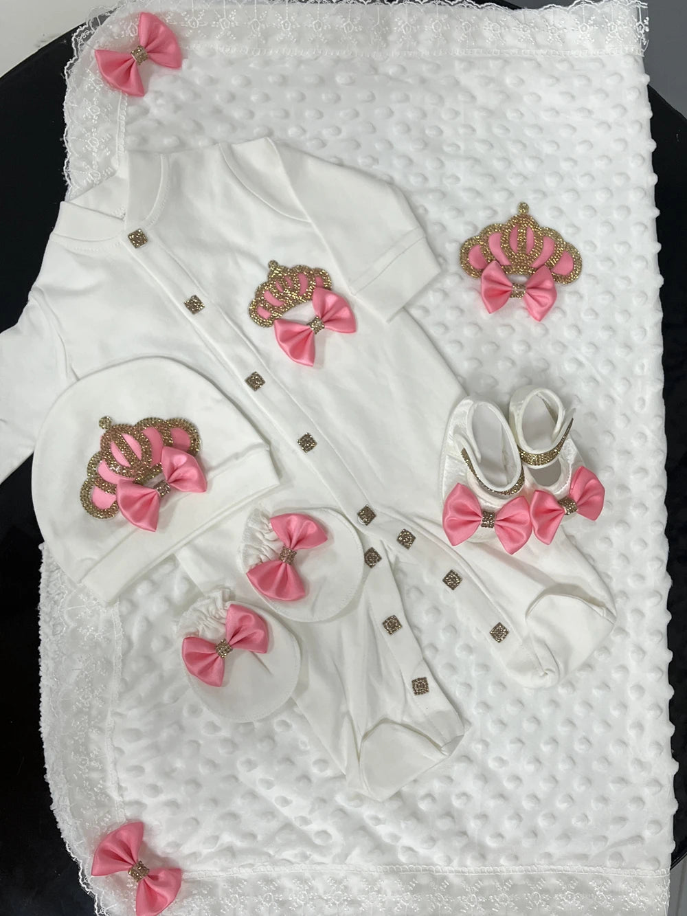 5pcs Baby Girl Outfits Set Welcome Home Hosptial Infant Receiving Blanket Pillow Bed Hat Mittens Romper Set