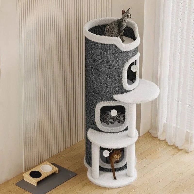 Cat House with Cozy Large Condos Spacious Cat Bed with Luxury Flower Perch Pompom Ball Cat Furniture for Indoor Cat Toys