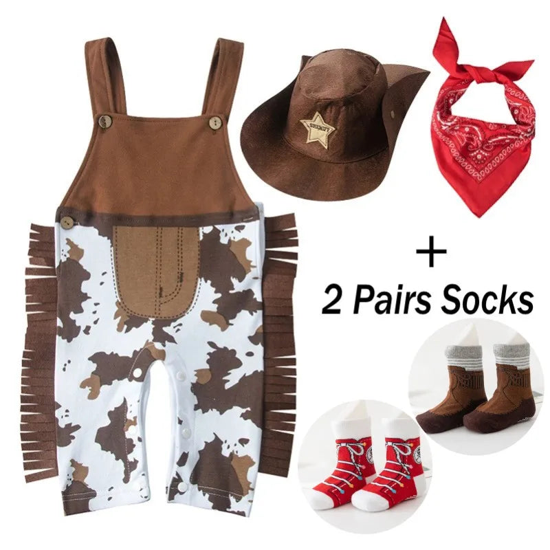 Baby Boy Clothes cowboy Costume Infant Toddler Cowboy Set 3Pcs Hat Scarf Romper Halloween Event Birthday Holiday Cosplay Outfits