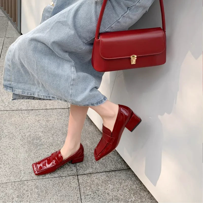 Womens Red Shoes Spring Autumn Basic Pumps Block Heel Dress Loafers French Slip On Square Toe Cow Leather Dress Footwear Size 43