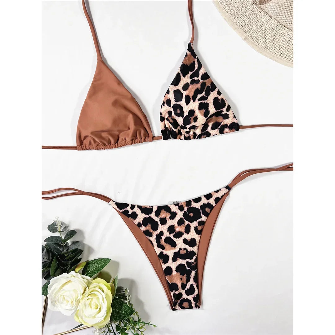 Halter Splicing Leopard Bikinis 2026 Satin Bikini Female Swimsuit Women Swimwear Two-pieces Bikini Set Micro Bathing Suit Swim