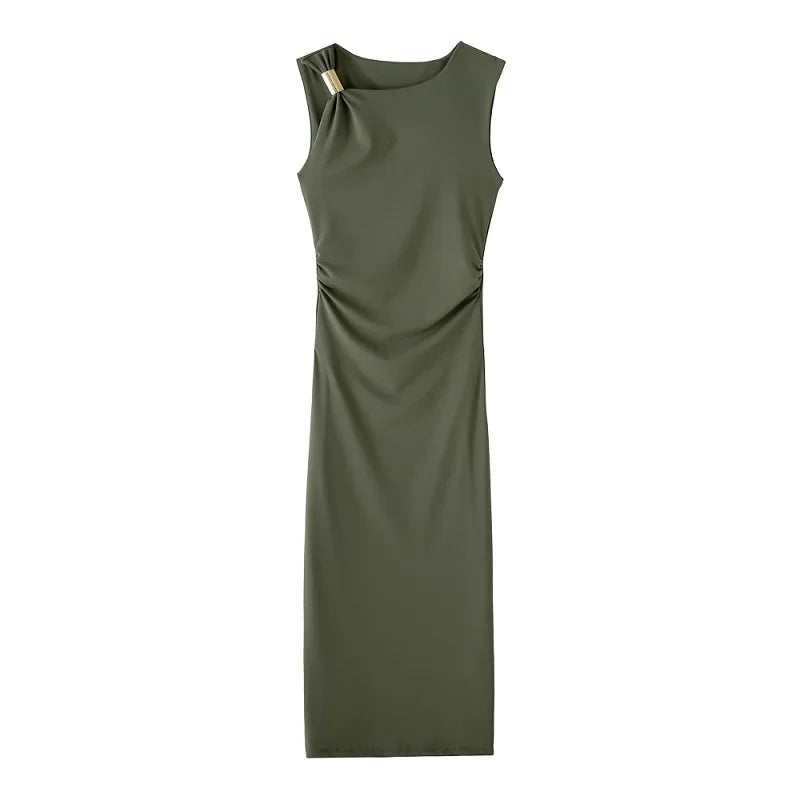 MUJER 2025 Pleated Midi Dress Women Bodycon Long Dress Woman Asymmetric Holiday Women's Summer Dress Sleeveless Evening Dresses