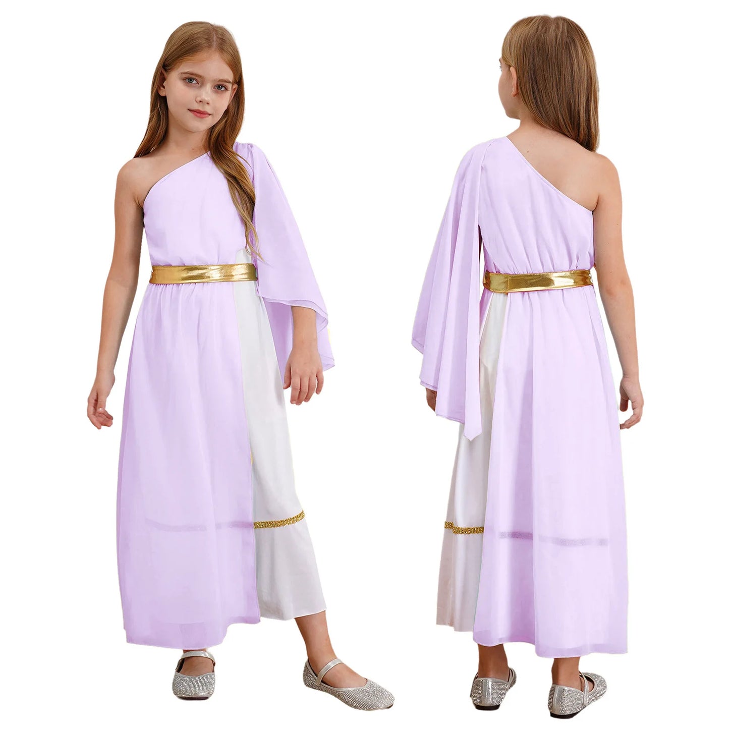 Halloween Virgin Mary Costume for Kids Girls Fancy Greek Princess Cosplay Long Sleeve Ruffle Dress with Chiffon Cape Theme Party